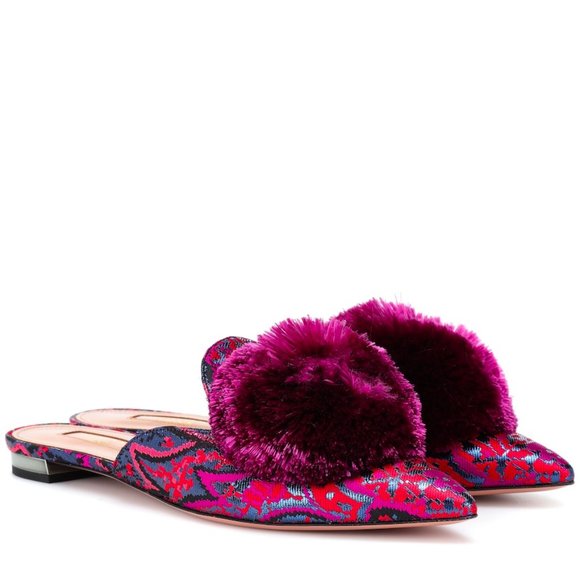 Aquazzura Purple and Pink Mules with Plush Pom-Poms - Picture 3 of 3